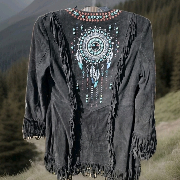 Double D Ranch Black Leather Jacket with Blue Stone and Embroidery Zuni Dreams - Picture 7 of 14